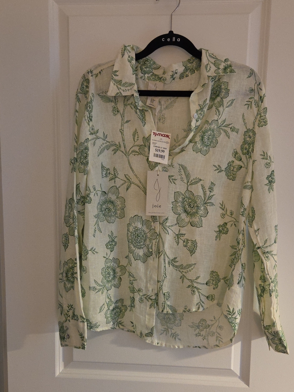 Joie Cream Button-Down Shirt with Green Floral Print